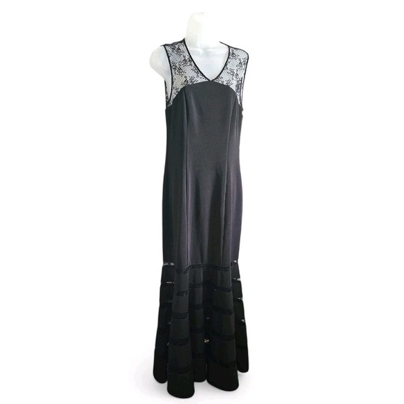 JS Collections Black Sleeveless Vee Neck Lace Illusion Mermaid Gown Size 10 EUC - Picture 3 of 15
